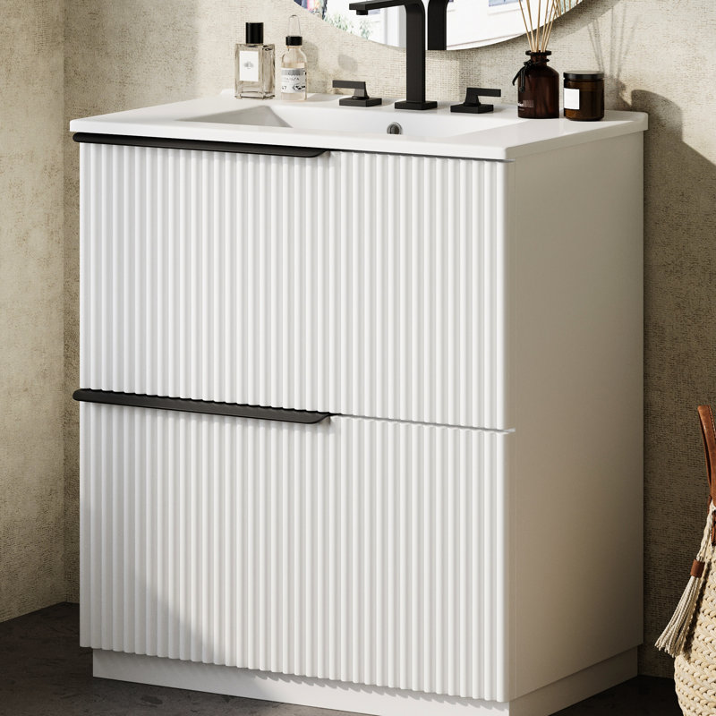 30" Bathroom Vanity In White Shade, Extension Drawers, And Thoughtful Interior Partition Featuring Ceramic Sink, Partitioning, -Proof Structure