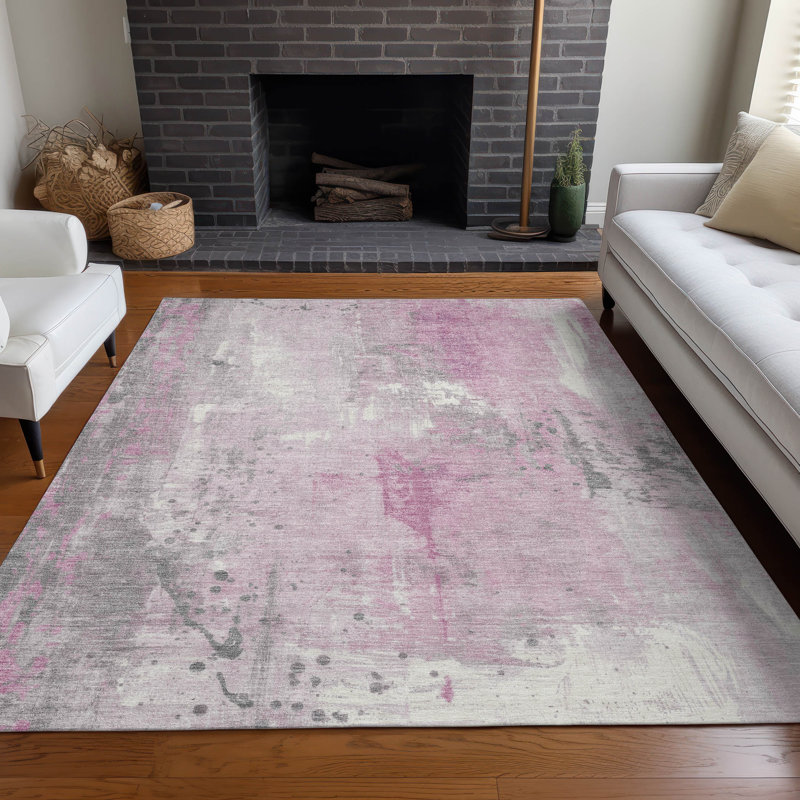 Tapis intérieur / extérieur rose lavable à la machine Xhevrie, Rectangle 3 pi x 5 pi
