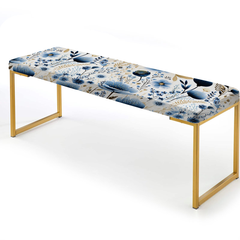 Blue And White Ferns Tranquility - Floral Upholstered Gold Bench