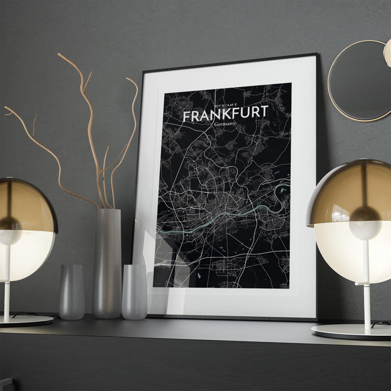 Carte de Francfort, impression graphique contrastée, H 17 po x l 11 po, Gris / noir