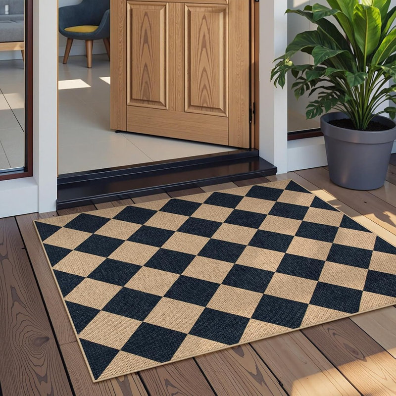 Tapis de cuisine en jute à carreaux - neutre - antidérapant, lavable, à poils courts, de style campagnard à losanges, pour vestibule / porche / porte