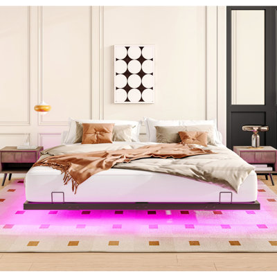 Lit moderne très grand avec lumières à DEL - cadre en métal, 80,38 po de longueur, cadre silencieux - sommeil, assemblage facile