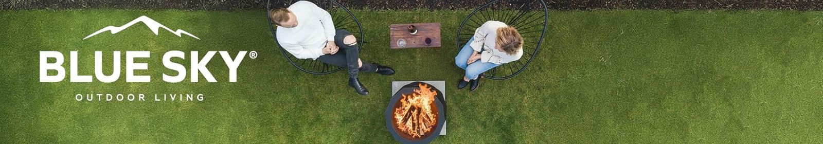 Blue Sky Outdoor Living logo over a top-down view of two people sitting on chairs on a lawn by a burning fire pit and a small side table.