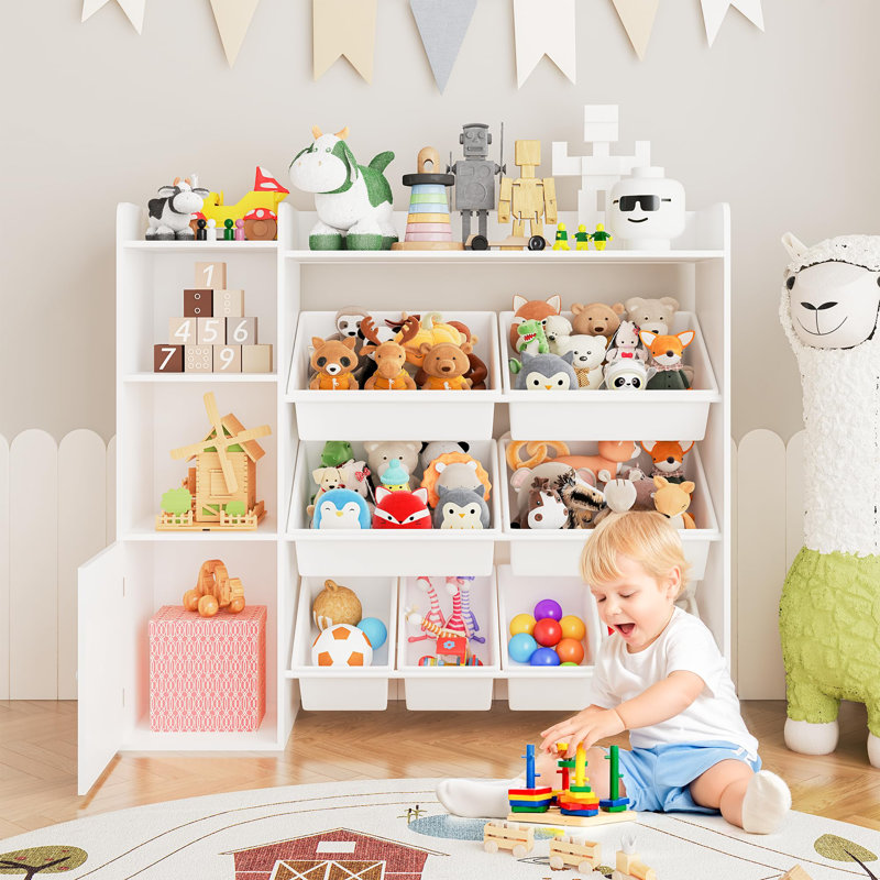 Kids Toy Organizer and Bookshelf, 4-Tier Wooden Storage Shelf with 8 Removable Bins and Anti-Tip Design for Playroom or Nursery