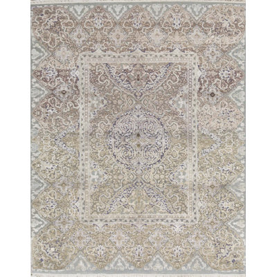 Tapis bleu clair et gris clair noué à la main de haute qualité