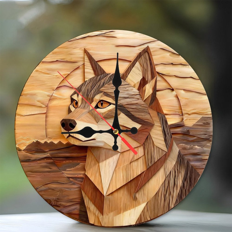 Horloge murale ronde en bois 10 po, mouvement à quartz silencieux, imprimé UV, à piles, Wolf