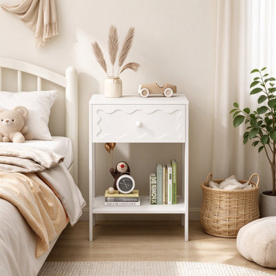 Table de chevet enfant avec tiroir à décor vagues, table de nuit en bois avec tablette de rangement ouverte, petite table d'appoint pour chambre, chambre d'enfant, montage facile