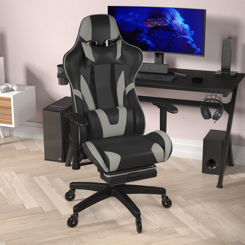 Kelig Gaming Computer Chair with Reclining Back, Slide-Out Footrest, and Transparent Roller Wheels, Gray