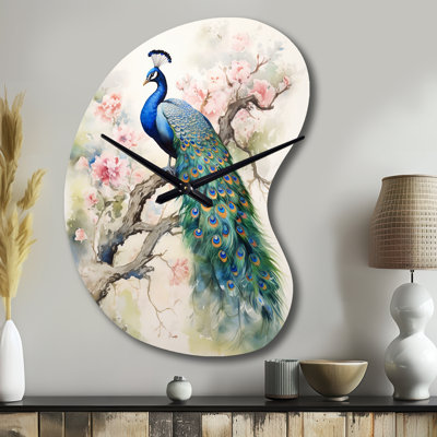 Geoffery Blue Ink Wash Peacock I - paon, horloges murales asymétriques en métal