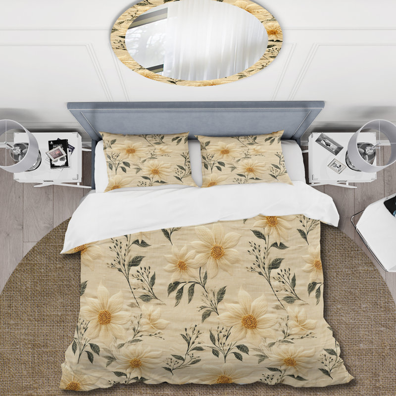 Literie jonquille rétro verte et beige, Housse de couette pour très grand lit et 2 très