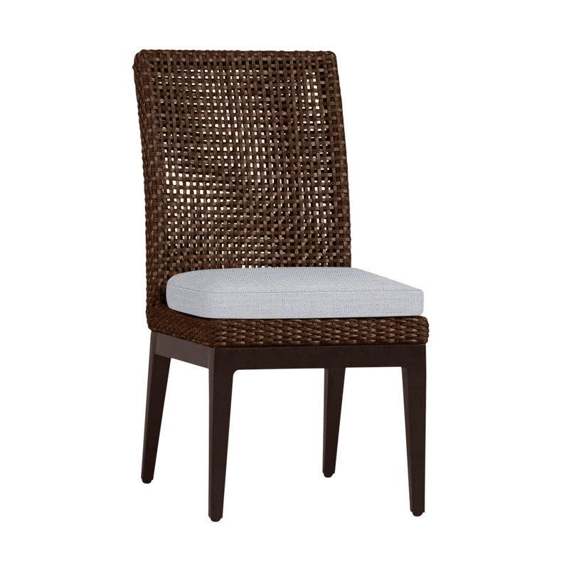 Peninsula Patio Dining Side Chair with Cushions, Mahogany/Chestnut, No Welt, Linen Chambray