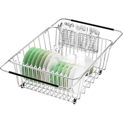 Premium 304 Stainless Steel Expandable Dish Drying Rack With Removable Utensil Holder - Rustproof Large Sink Organizer For Dishes, Pots, And Silverware