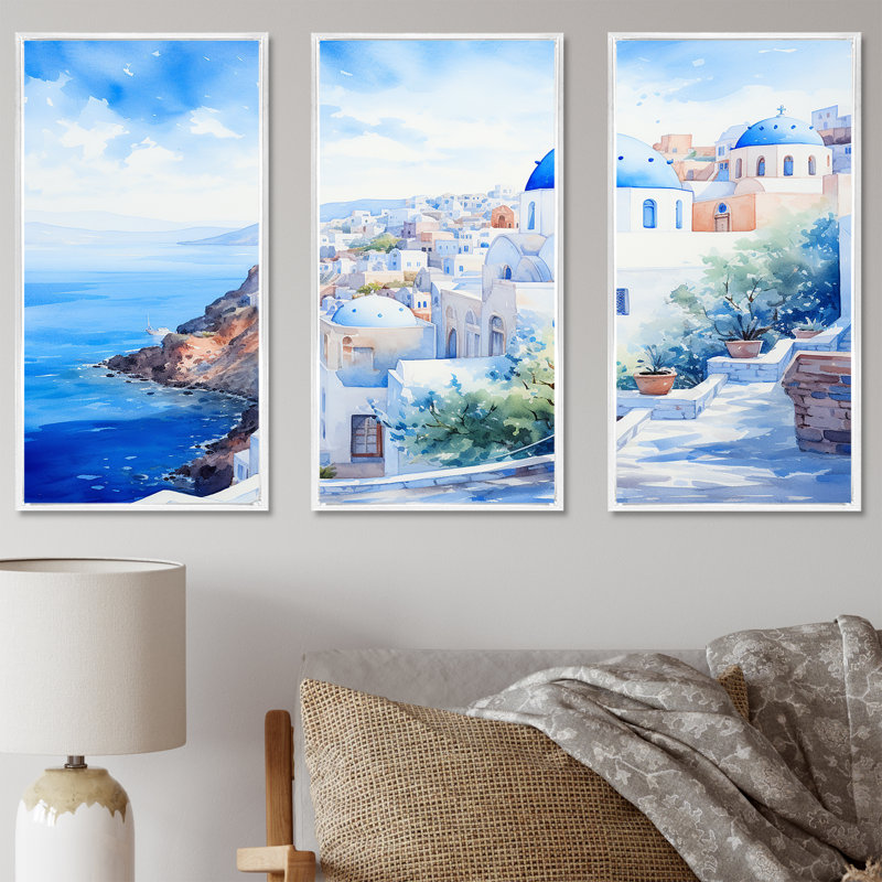 Art mural bleu et blanc Santorini Village II - Grèce, Cadre flottant blanc, H 40 po x l 61 po x P 1 po