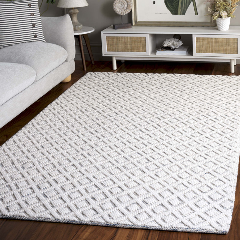 Tapis ivoire / bleu en laine tissé à la main Agramonte, Rectangle de 5 pi x 8 pi
