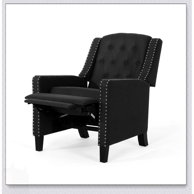 Classic Dark Grey Fabric Push Back Chair With Elegant Riveted Armrests And Durable Birch Wood Legs For Modern Comfort