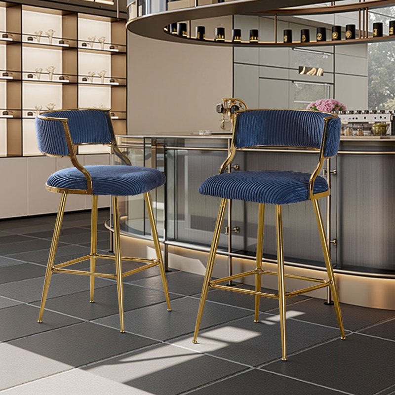 Set Of 2 Gold Frame Velvet Bar Stools With Backrest Footrest And Adjustable Feet For Kitchen Island Bar Dining Area, Blue