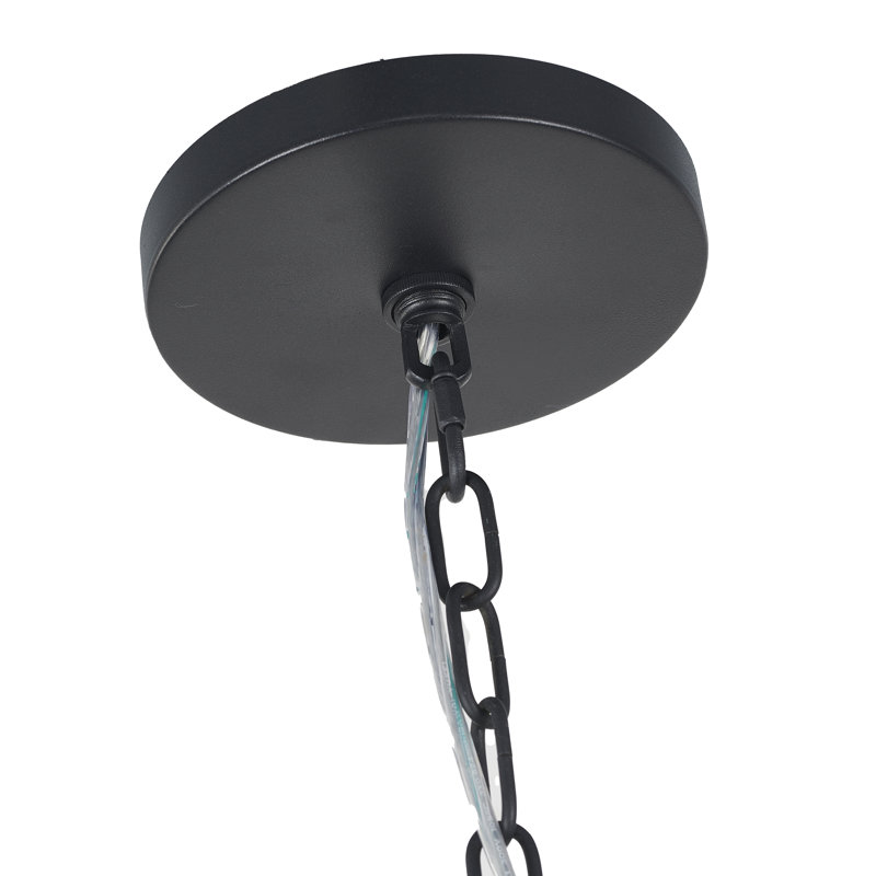 Lustre 8 lumières en satin noir avec verre suspendu perlé transparent, Noir satiné