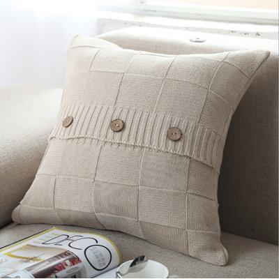 Knitted Button Throw Pillow Cover AND insert – Cozy Sweater Style with Wooden Button Accents 18"x18"
