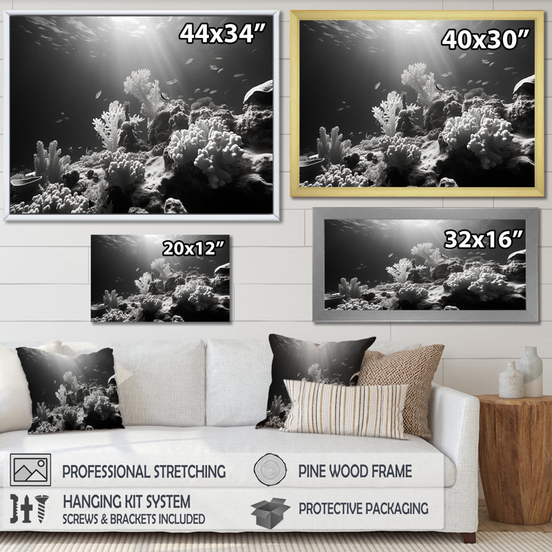 «Black and White Coastal Corals I - Beach & Ocean», reproduction d'art sur toile, H 16 po x l 32 po x P 1 po