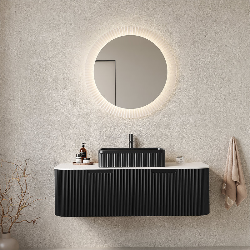 Meuble-lavabo 48 po avec lavabo, meuble de rangement mural à bords arrondis avec 2 tiroirs, lavabo rectangulaire en céramique noir, sans robinet, pré-assemblé, couleur noire