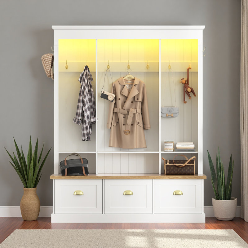 Elegant APP Controlled LED Light Hall Tree With 9 Hooks, Roman Column Design Natural Storage Bench With 3 Large Cabinets, Farmhouse Entryway Organizer With Shelves For Hallway