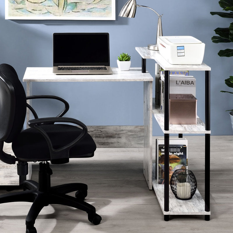 Bureau rectangulaire en L avec tablette à 3 niveaux, blanc antique et noir, pour les réunions de bureau
