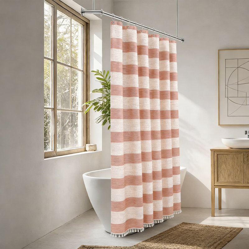 Rideau de douche en coton et lin avec pampilles, infroissable et hydrofuge, décor de salle de bain rayé Farmhouse, Orange