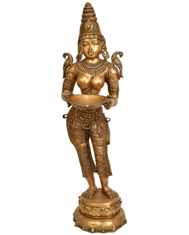 45" Large Deepalakshmi with Parrot Brass Statue - Handcrafted Goddess Lakshmi Lamp Holder for Temple Home Decor