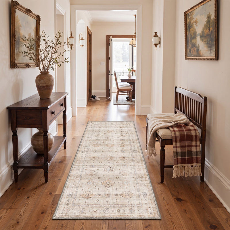 Tapis de couloir oriental traditionnel beige/brun à poils courts, lavable et antidérapant, Tapis de couloir 2 pi x 8 pi