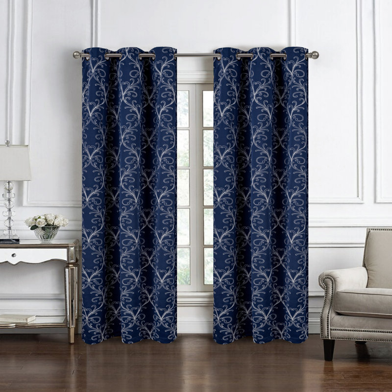 Acushnet Embroidered Privacy Window Curtain Panel Pair, Navy