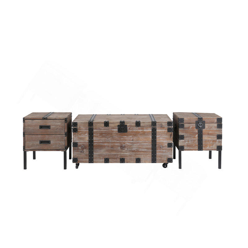 Table de coffre et table d'appoint S / 3 avec grand rangement antique en bois récupéré gris