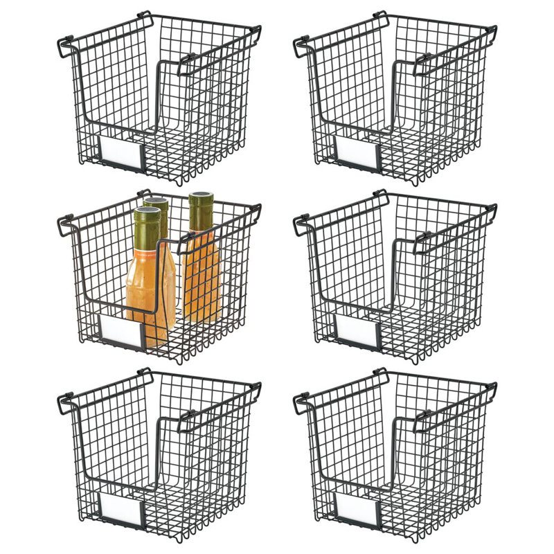 Panier de garde-manger empilable en métal avec plaque - Bacs de rangement de cuisine avec poignées pour fruits et légumes