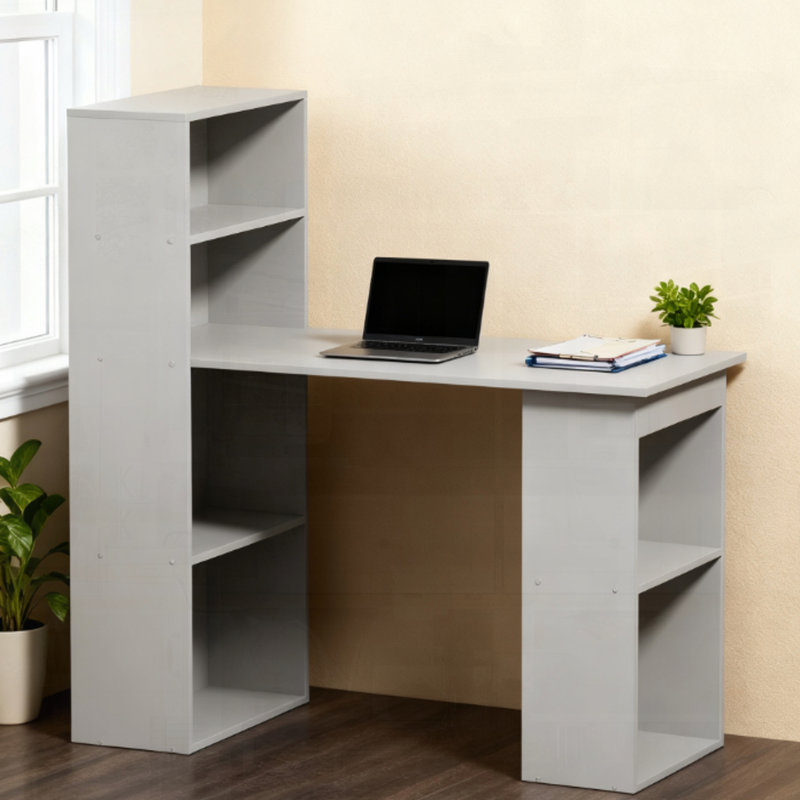 Poste de travail compact avec pupitre et bibliothèque