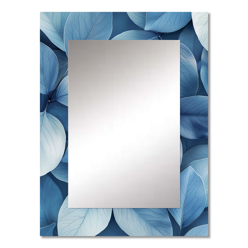 Minimalisme bleu fumé feuilles I - miroir décoratif de feuilles, grand miroir mural traditionnel, impression d'art en métal