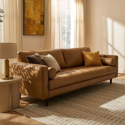 Geo 88'' Genuine Leather Mid-Century Tufted Upholstered Sofa with Reversible Cushions