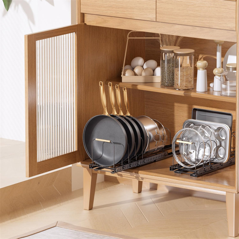Two-piece under cabinet pull out pot rack with adjustable dividers and handle dividers, suitable for kitchen storage, space saving, practical and convenient.