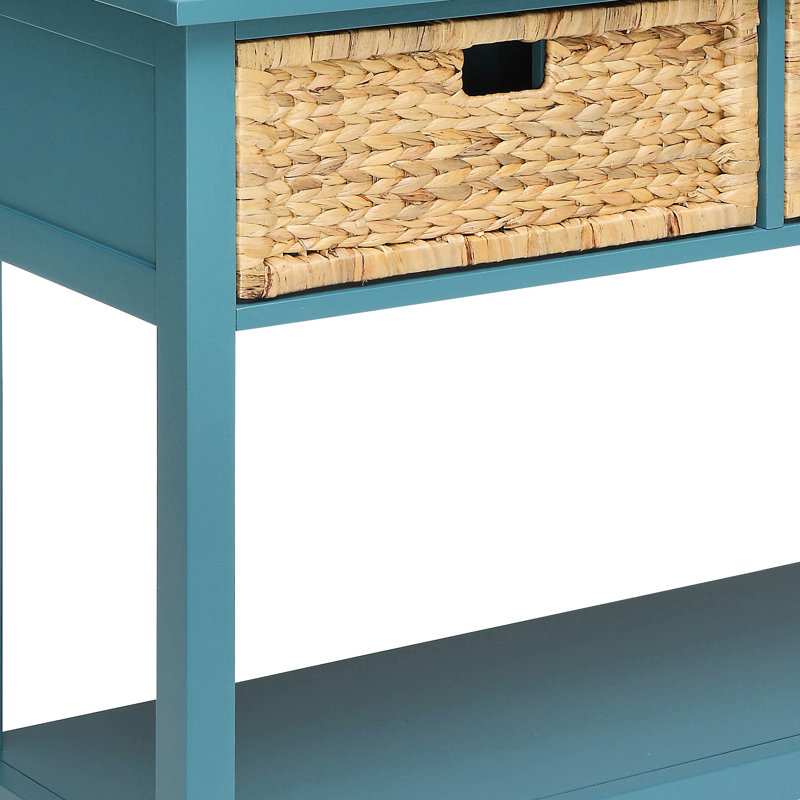 Console rectangulaire bleu sarcelle avec 2 tiroirs et rangement sur tablette inférieure en bois