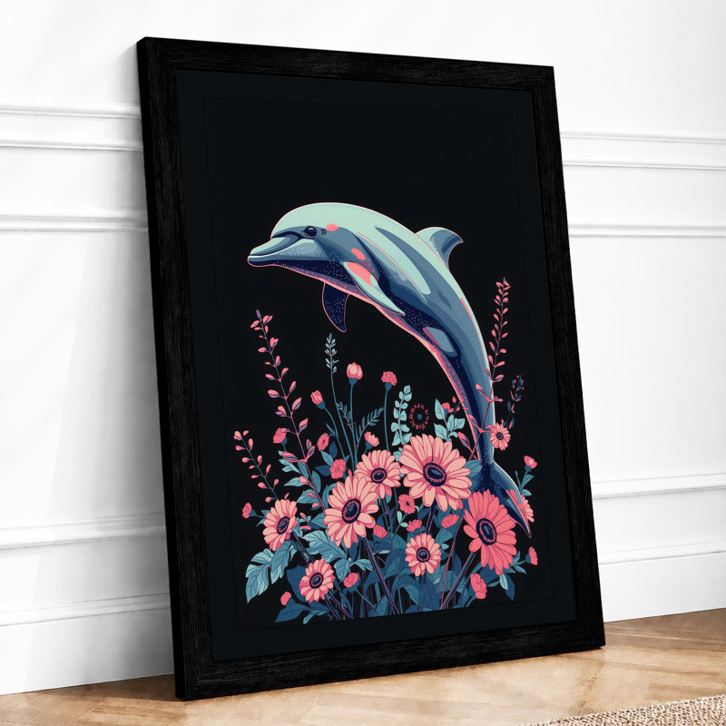 Dolphin Among Blooms Modern - Framed Print, A1 - 84.1 x 59.4 cm, Black