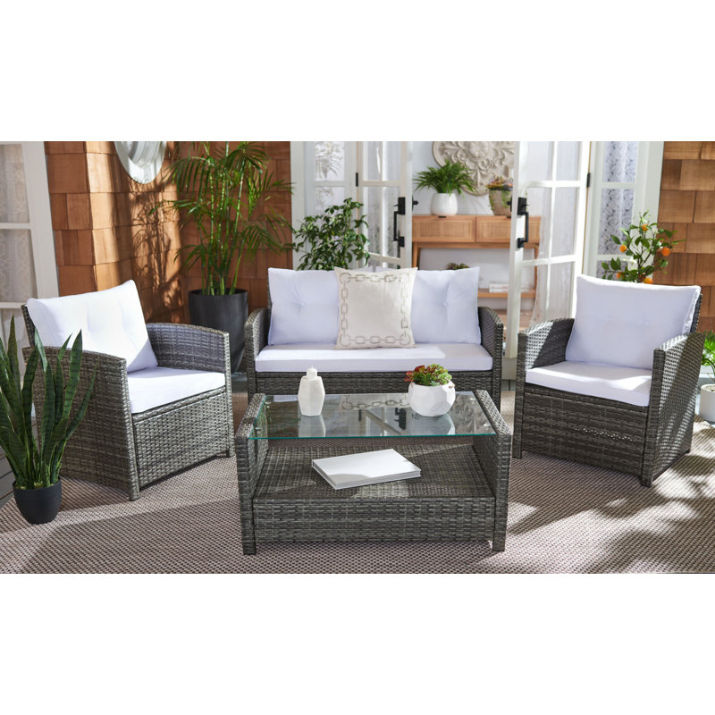 Ensemble de conversation avec canapé en rotin 4 pièces Anyout, Structure brune / Coussin blanc