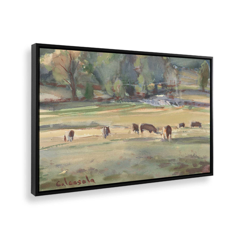 «Grazing Cows» par Stephen Calcasola, reproduction d'art sur toile, H 24 po x l 32 po, Noir