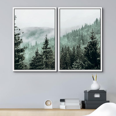 Misty Forest Landscape " Aerial View Green Mist Mountain Forest Nature Landscape Print Decor " 2 - Pieces