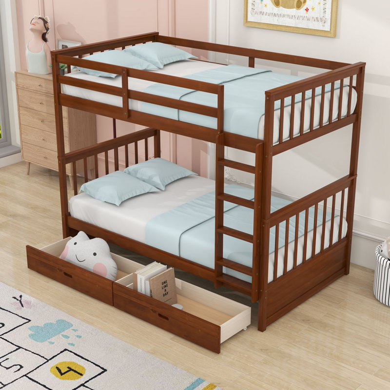 Twin-Over-Twin Bunk Bed With Storage Drawers And Ladder, Walnut
