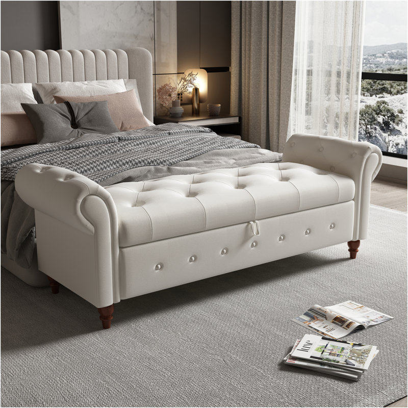 Banc de rangement Conring, banc de rangement rembourré avec repose-pieds, H 24 po x l 63 po x P 22 po, Velours vert foncé
