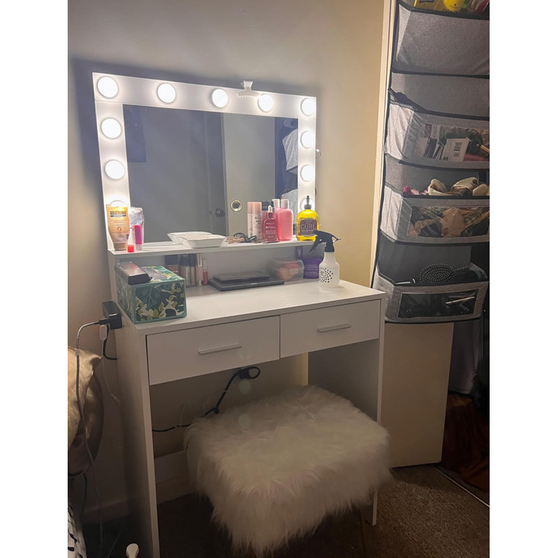 Vanity Desk with Mirror and Lights, Dressing Table with Large Drawer, 2 Level Storage Dresser & 3 Lighting Modes Adjustable Brightness