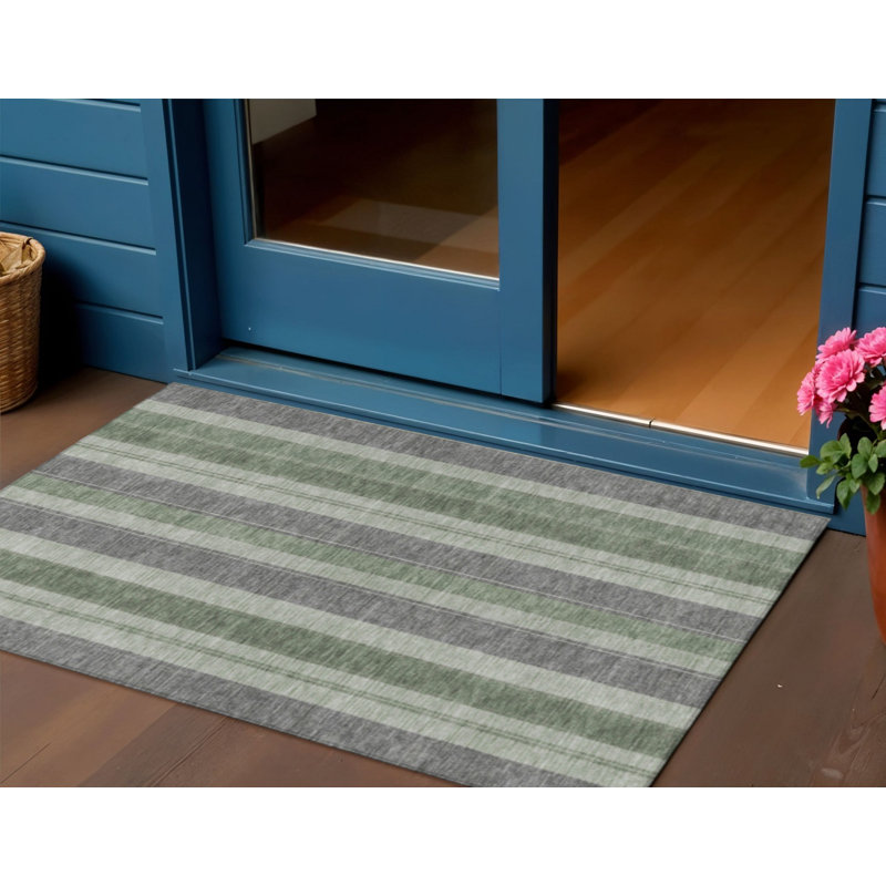 3' X 5' Green And Gray Striped Washable Indoor Outdoor Area Rug