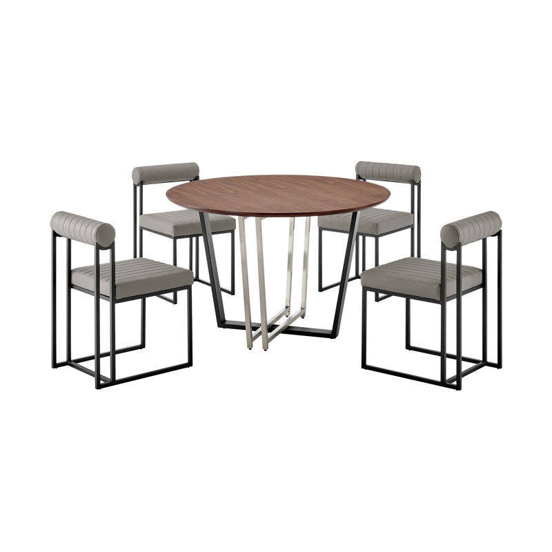 Mirjanka 5 Piece 48" Round Walnut Dining Table Set with Matte Black Iron and Light Gray Faux Leather