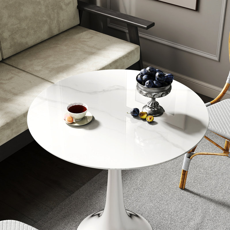 Plateau de table rond en verre trempé de 24 po de conception marbrée avec dessus de table, plateau de table de salle à manger blanc, plateau de table de patio, plateau de patio et | 24 po | Cadre en verre trempé | 1 pièce | Table de salle à manger | Blanc