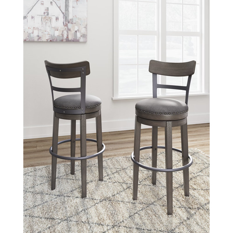 Elegant Gray Swivel Barstool with Curved Back and Nailhead Trim