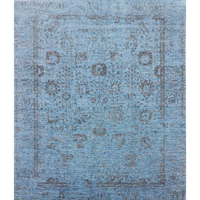 Tapis bleu clair et bleu noué à la main de haute qualité