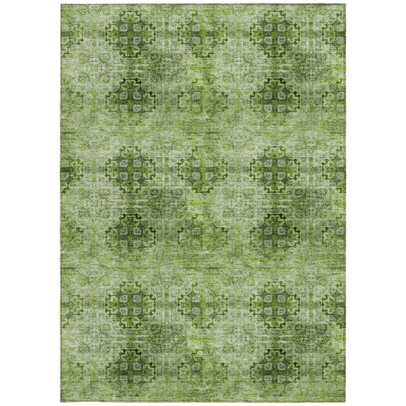 Olive Green Floral Medallion Washable Non Skid Indoor Outdoor Area Rug, Rectangle 9' x 12'